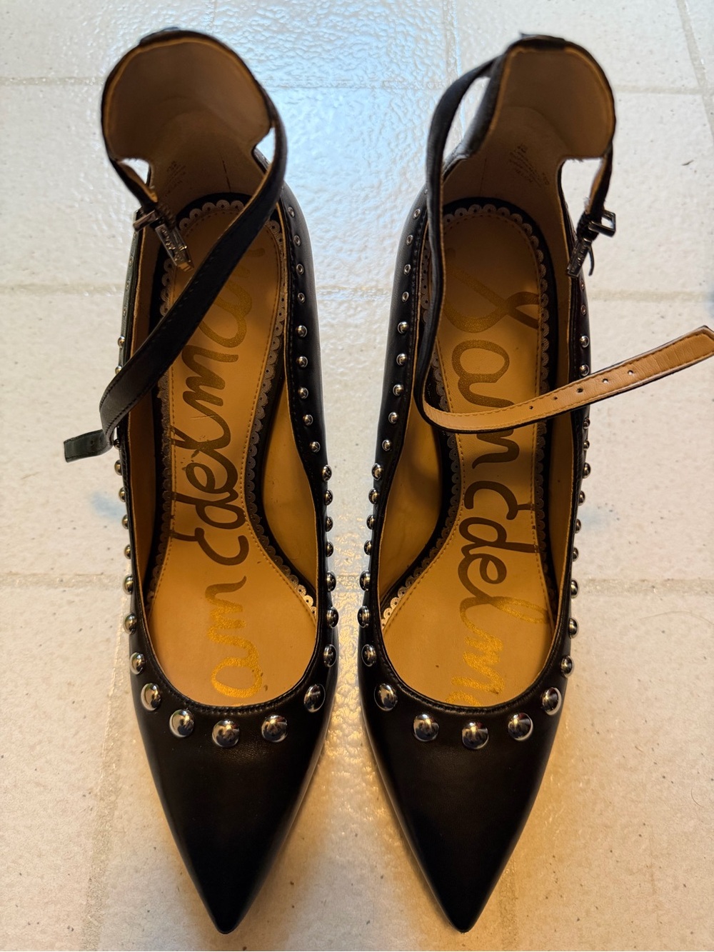 Sam Edelman Black Pointed-Toe Ankle-Strap Heels with Silver Studs